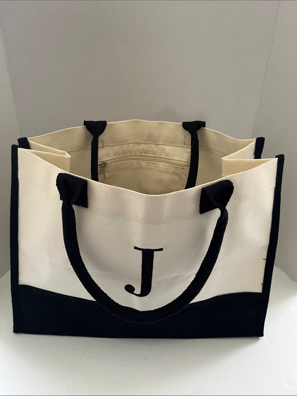 Canvas Tote Bag with Monogram J - Black and Cream